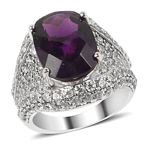 Amethyst and Zircon Ring in Platinum Over Sterling Silver (Size 6) 7.70 ctw