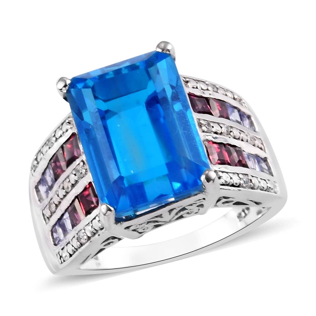 Capri Blue Quartz and Multi Gemstone Ring in Platinum Over Sterling Silver (Size 9.0) 21.40 ctw image number 0