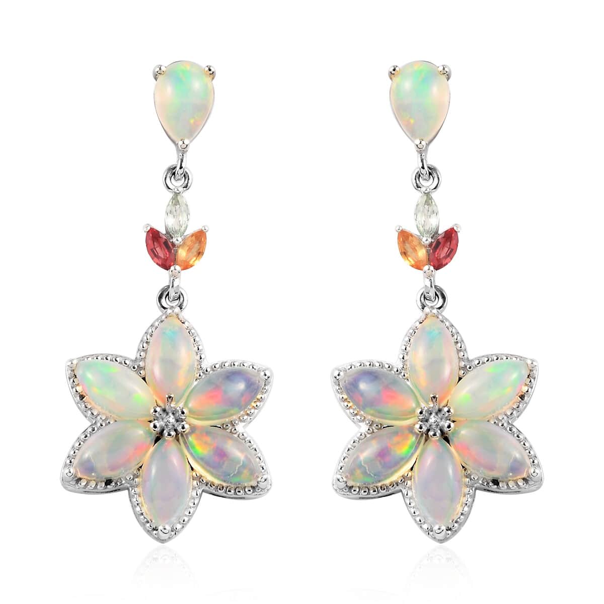 Ethiopian Welo Opal and Multi Sapphire Dangling Floral Earrings in Platinum Over Sterling Silver 6.75 ctw image number 0