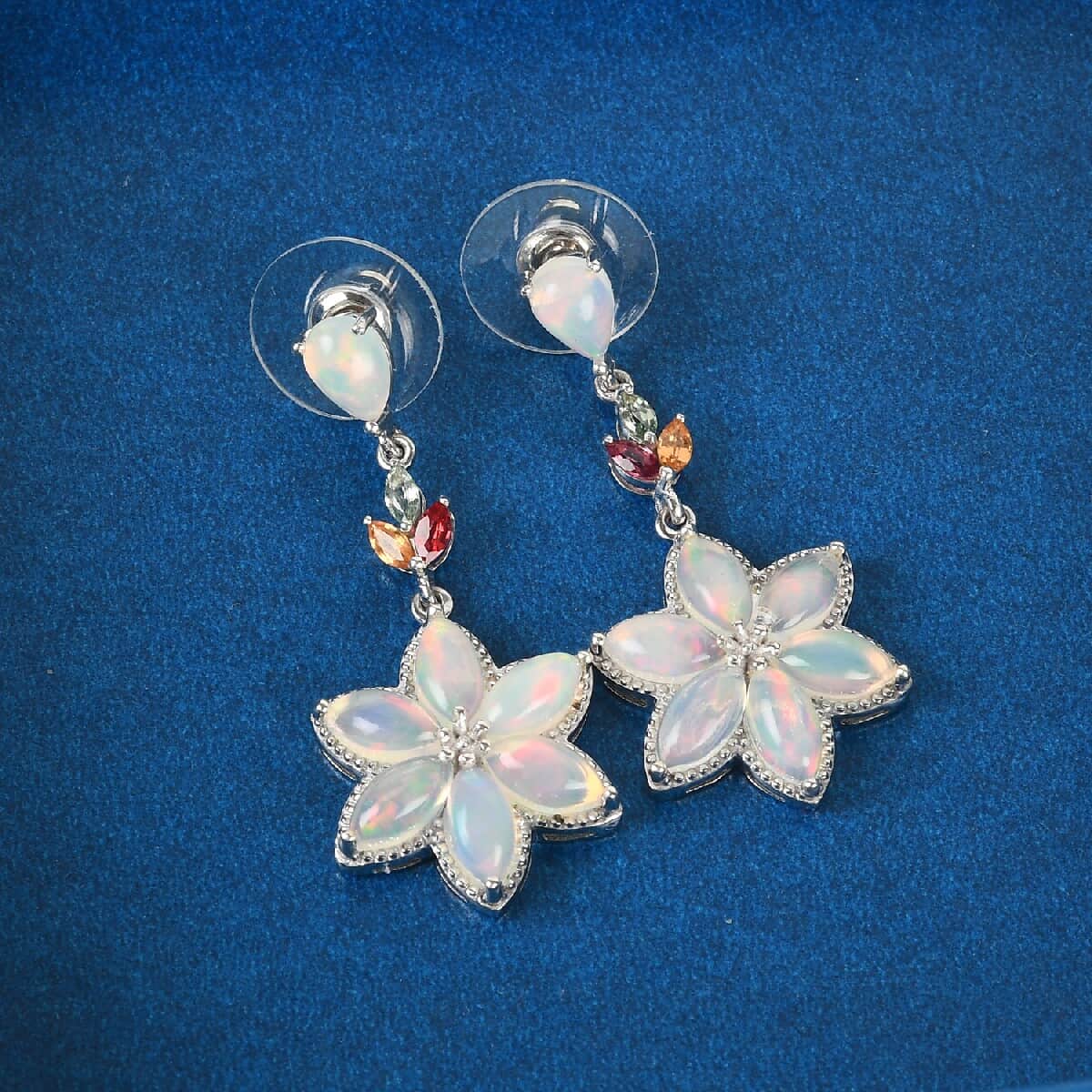 Ethiopian Welo Opal and Multi Sapphire Dangling Floral Earrings in Platinum Over Sterling Silver 6.75 ctw image number 1