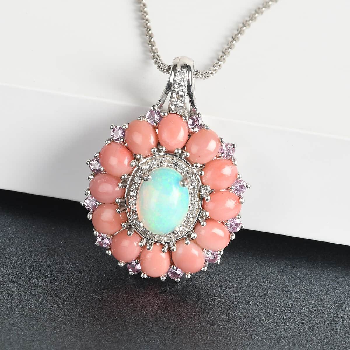 Ethiopian Welo Opal and Multi Gemstone Floral Pendant Necklace 20 Inch in Platinum Over Sterling Silver 5.30 ctw image number 1