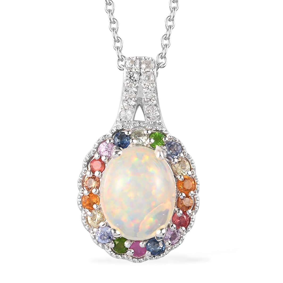 Ethiopian Welo Opal and Multi Gemstone Halo Pendant Necklace 20 Inches in Platinum Over Sterling Silver 3.15 ctw image number 0