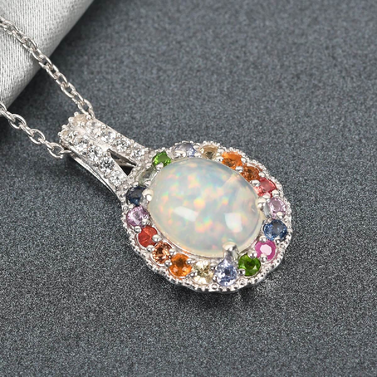 Ethiopian Welo Opal and Multi Gemstone Halo Pendant Necklace 20 Inches in Platinum Over Sterling Silver 3.15 ctw image number 1