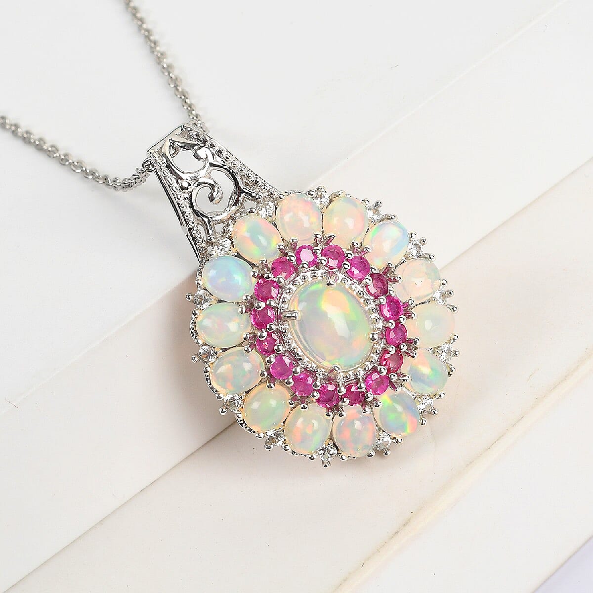 Ethiopian Welo Opal and Multi Gemstone Cocktail Pendant Necklace 20 Inches in Platinum Over Sterling Silver 5.80 ctw image number 1