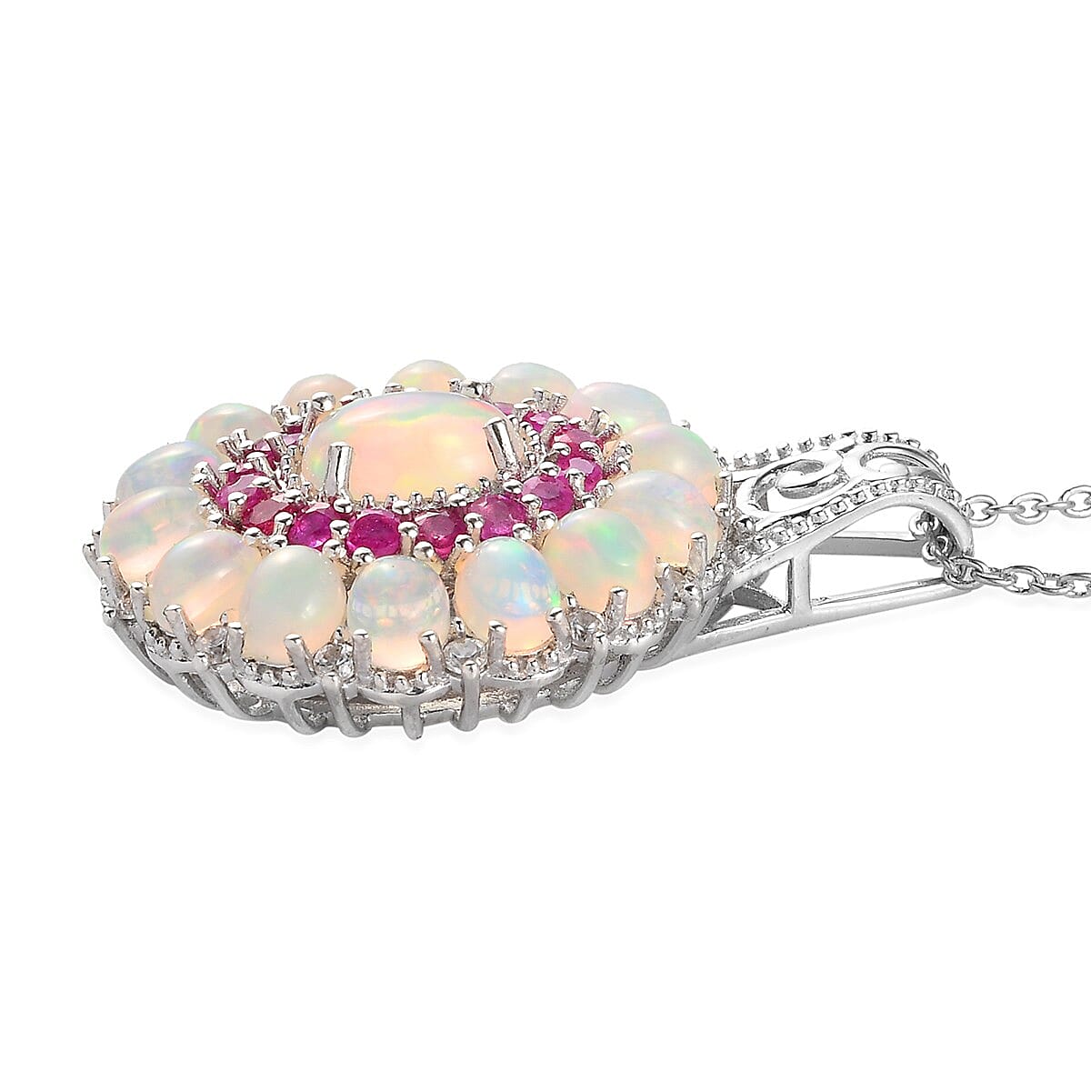Ethiopian Welo Opal and Multi Gemstone Cocktail Pendant Necklace 20 Inches in Platinum Over Sterling Silver 5.80 ctw image number 3