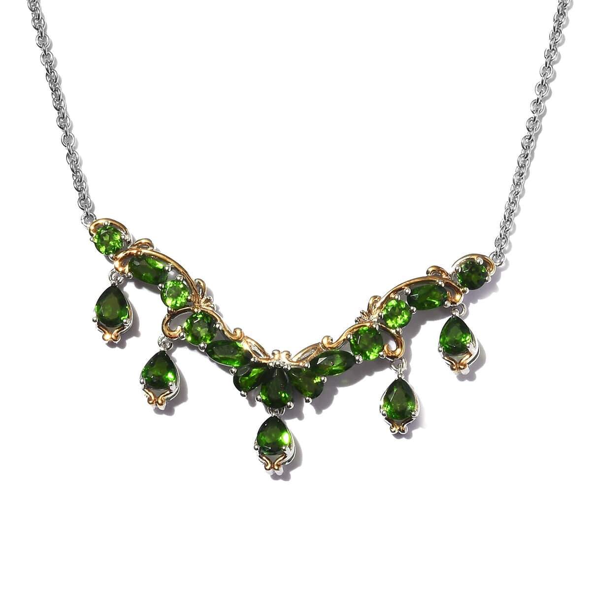 Natural Chrome Diopside Necklace 18 Inches in 14K Yellow Gold and Platinum Over Sterling Silver 9.90 Grams 4.25 ctw image number 0