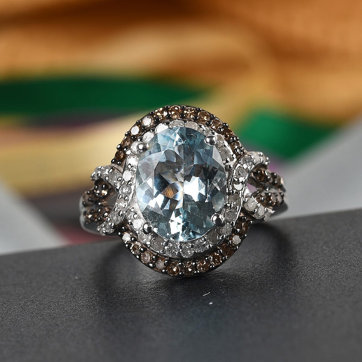 Espirito Santo Aquamarine, Natural Champagne & White Diamond Ring in Platinum Over Sterling Silver (Size 11.0) 2.75 ctw image number 1