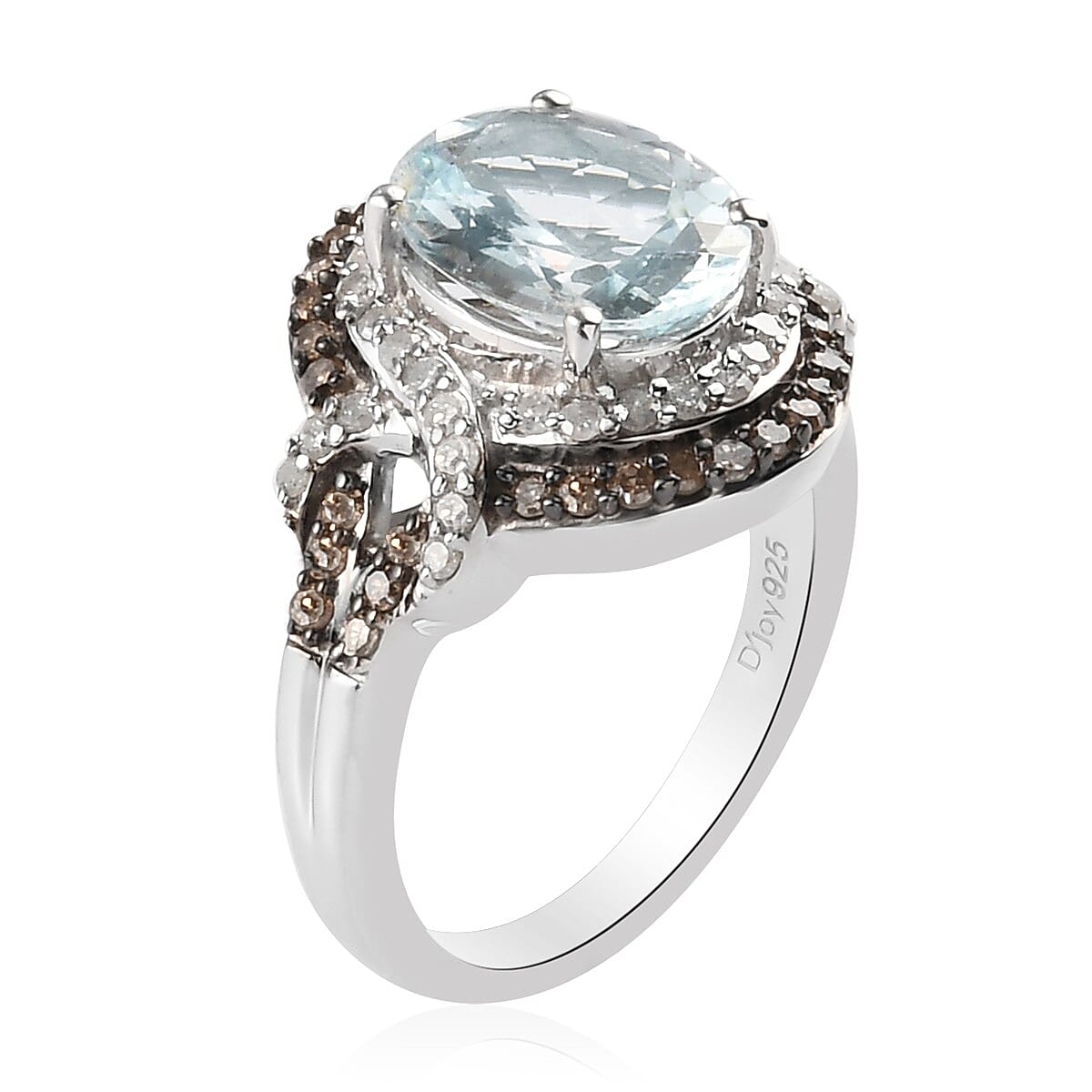 Espirito Santo Aquamarine, Natural Champagne & White Diamond Ring in Platinum Over Sterling Silver (Size 11.0) 2.75 ctw image number 3