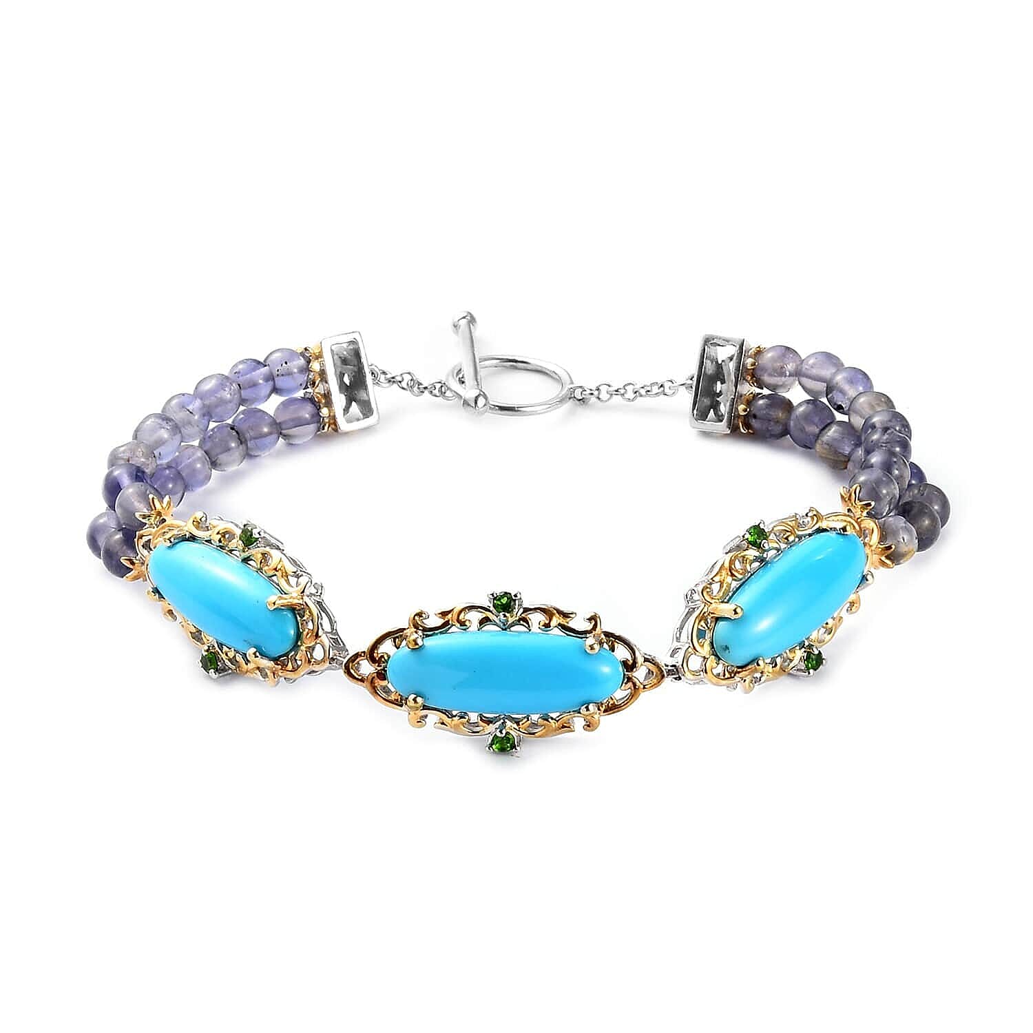 Sleeping Beauty Turquoise and Multi Gemstone Bracelet in 14K YG and Platinum Over Sterling Silver (7.00 In) 17.35 ctw