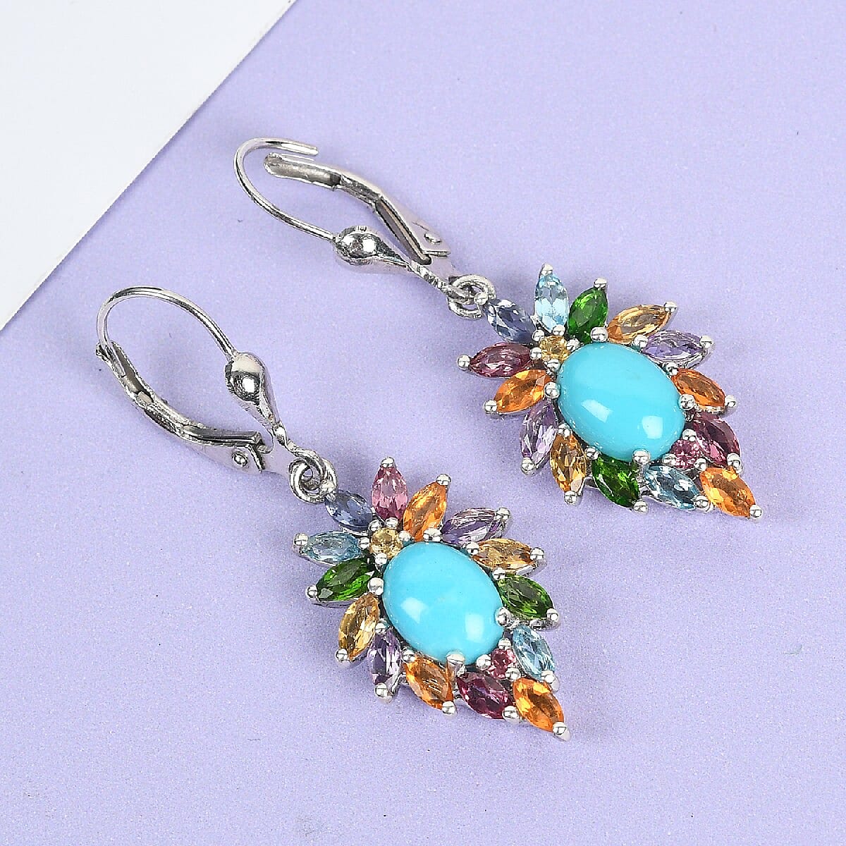 Natural Arizona Sleeping Beauty Turquoise and Multi Gemstone Dangling Earrings in Platinum Over Sterling Silver 4.20 ctw image number 1