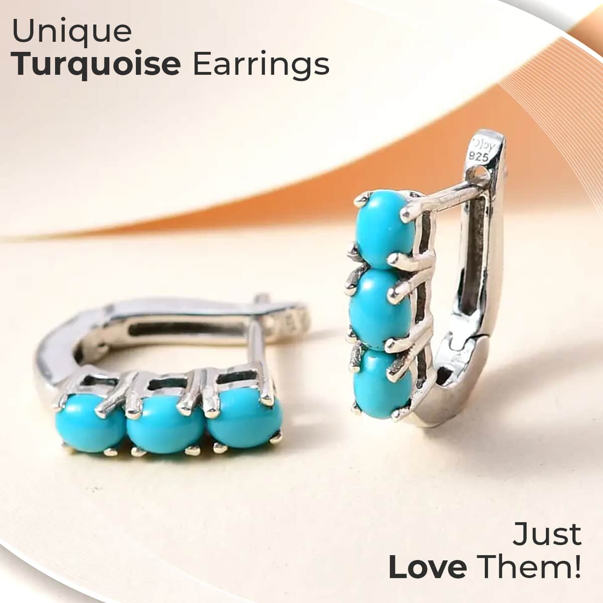 Mexican Turquoise Earrings, Sterling Silver Huggie Hoops, Sterling Silver Earrings, Three Stone Earrings, AAA Turquoise Huggie Hoop, Hinged Hoop Earrings 1.10 ctw image number 1
