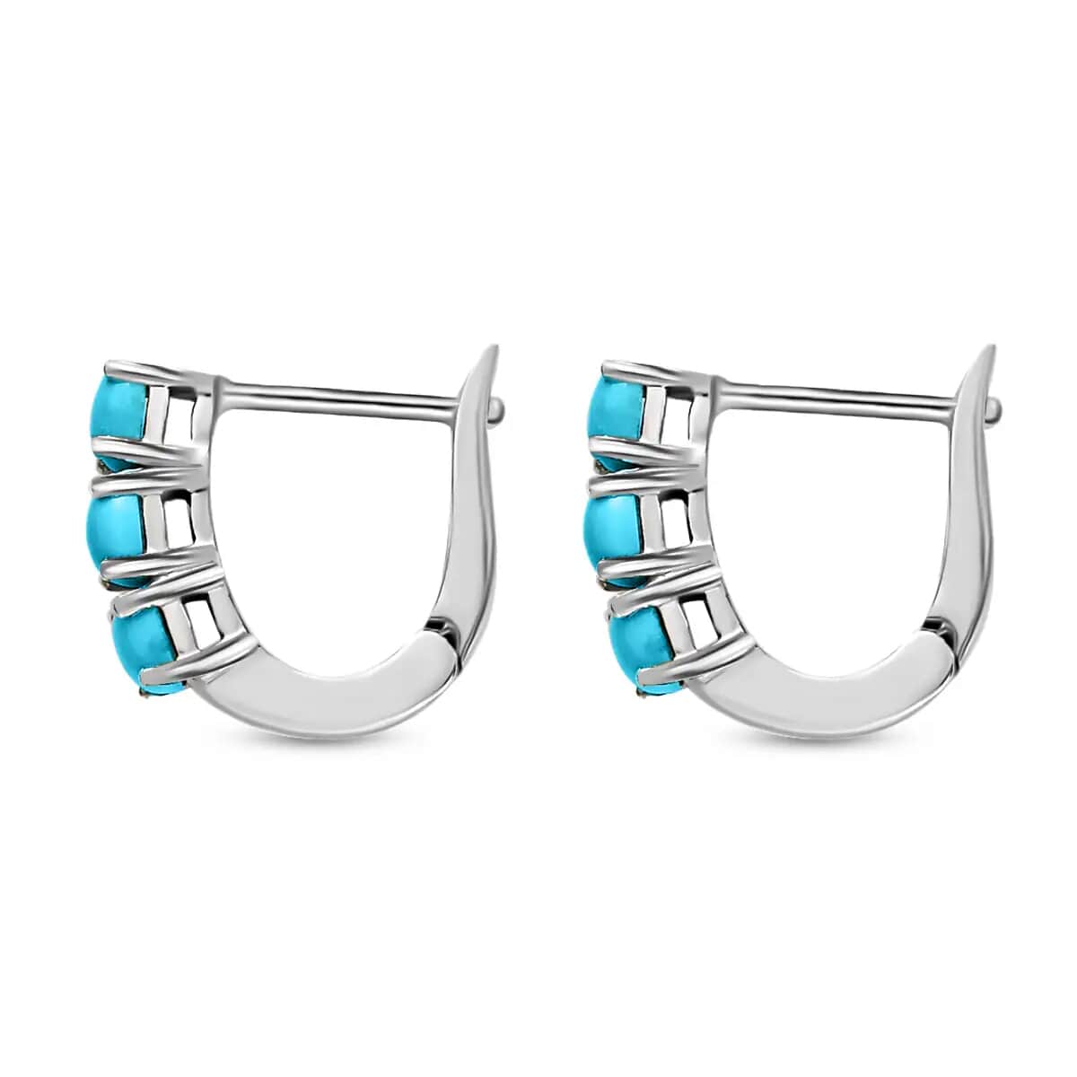 Mexican Turquoise Earrings, Sterling Silver Huggie Hoops, Sterling Silver Earrings, Three Stone Earrings, AAA Turquoise Huggie Hoop, Hinged Hoop Earrings 1.10 ctw image number 3