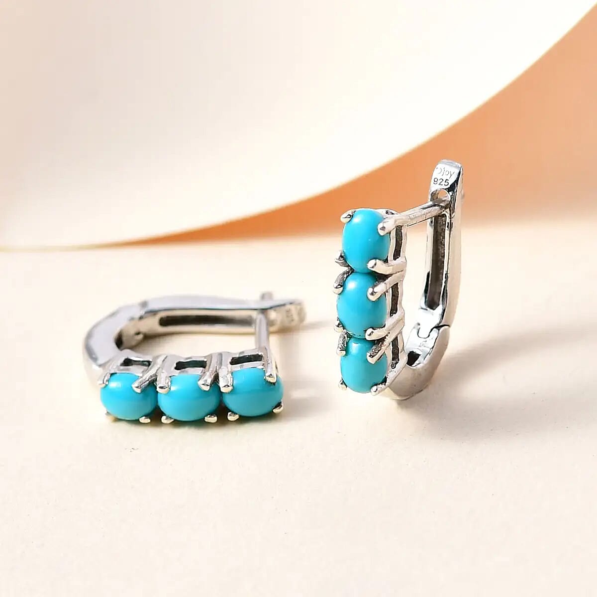 Mexican Turquoise Earrings, Sterling Silver Huggie Hoops, Sterling Silver Earrings, Three Stone Earrings, AAA Turquoise Huggie Hoop, Hinged Hoop Earrings 1.10 ctw