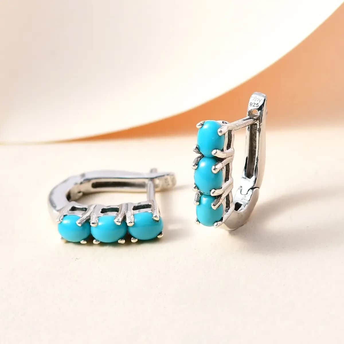 Mexican Turquoise Earrings, Sterling Silver Huggie Hoops, Sterling Silver Earrings, Three Stone Earrings, AAA Turquoise Huggie Hoop, Hinged Hoop Earrings 1.10 ctw image number 4