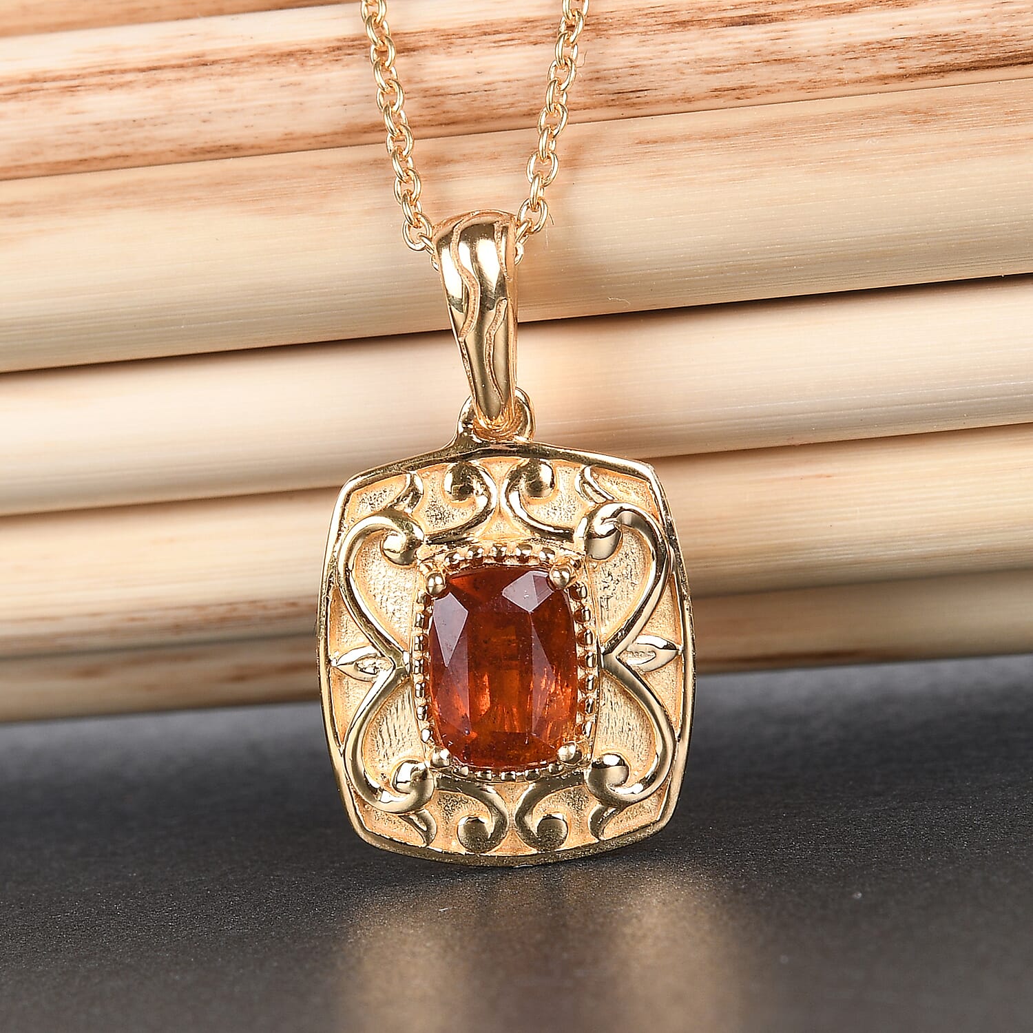 Tangerine Kyanite Solitaire Pendant Necklace 20 Inches in Vermeil Yellow Gold Over Sterling Silver 1.15 ctw