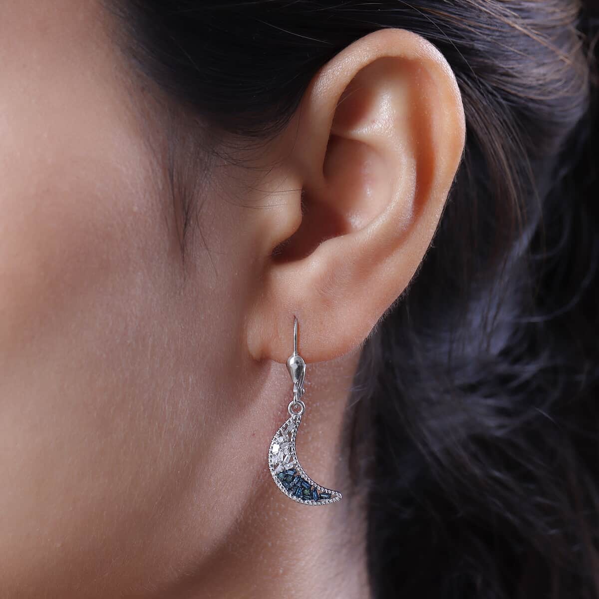 Blue Diamond and Diamond Lever Back Earrings in Platinum Over Sterling Silver 0.33 ctw image number 2