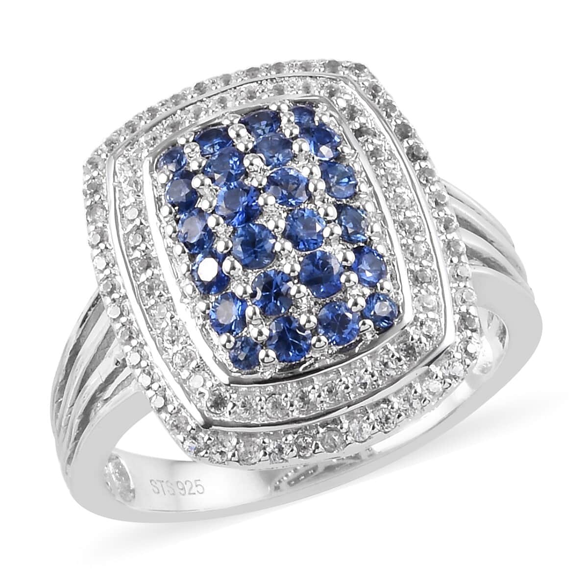 Blue Ceylon Sapphire and White Zircon Ring in Platinum Over Sterling Silver (Size 9.0) 4.10 ctw image number 0