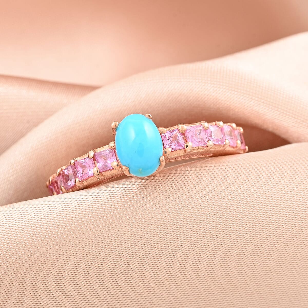 Sleeping Beauty Turquoise, Madagascar Pink Sapphire Ring in 14K RG Over Sterling Silver (Size 9) 1.15 ctw image number 1