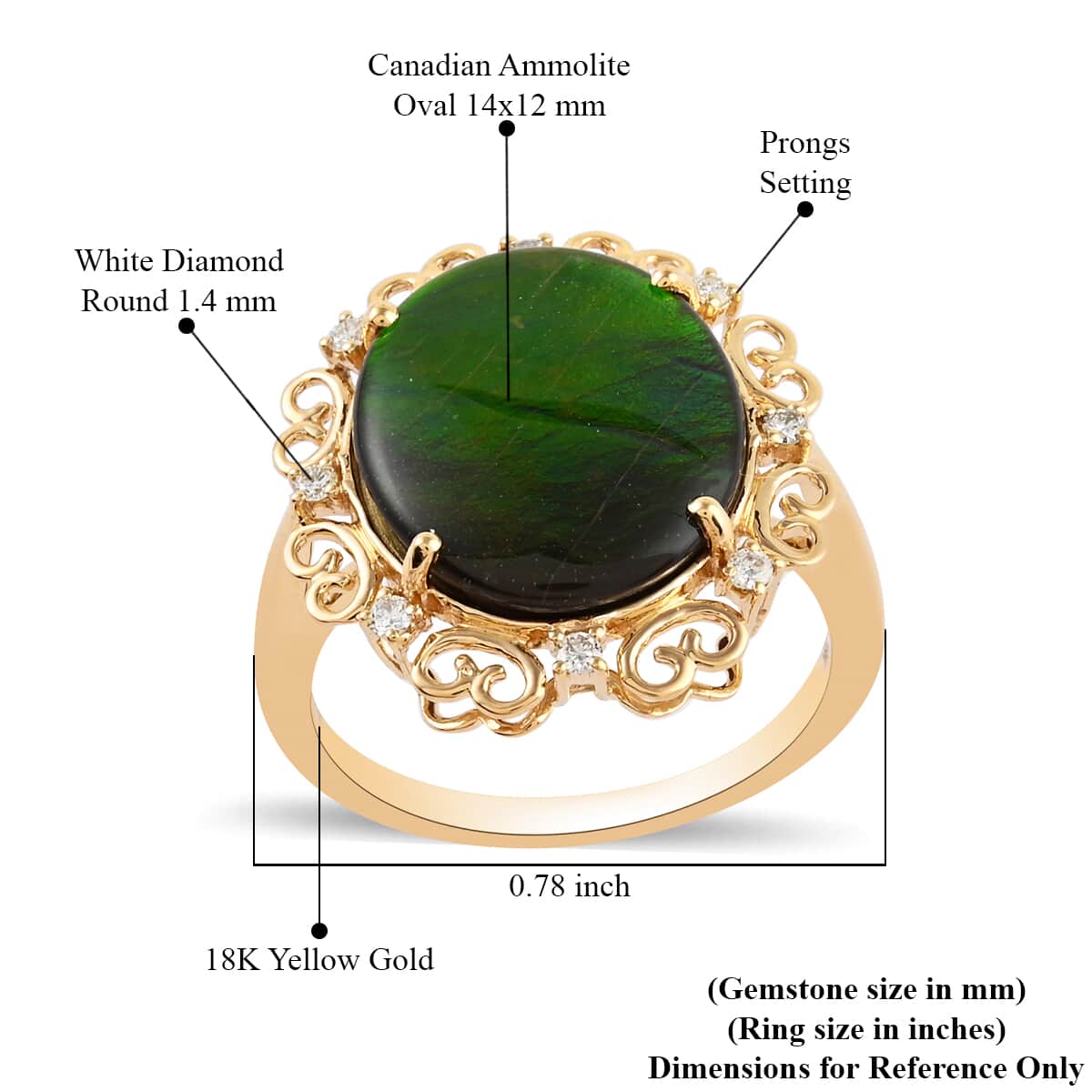 Iliana 18K Yellow Gold AAA Canadian Ammolite and G-H SI Diamond Ring (Size 6.0) 3.90 Grams 0.10 ctw image number 4