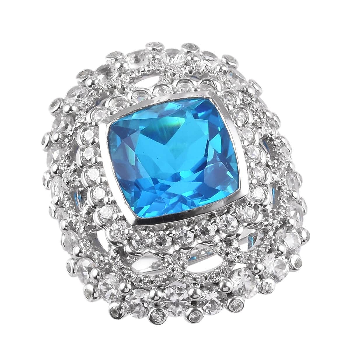 Electric Blue Topaz and White Zircon Ring in Platinum Over Sterling Silver (Size 7.0) 22.80 ctw image number 0