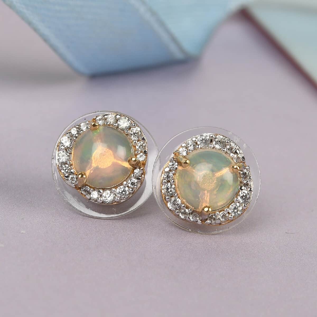 Ethiopian Welo Opal and White Zircon Earrings in Vermeil Yellow Gold Over Sterling Silver 2.10 ctw image number 1