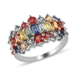 Multi Sapphire Cluster Ring in Platinum Over Sterling Silver (Size 6.0) 2.60 ctw