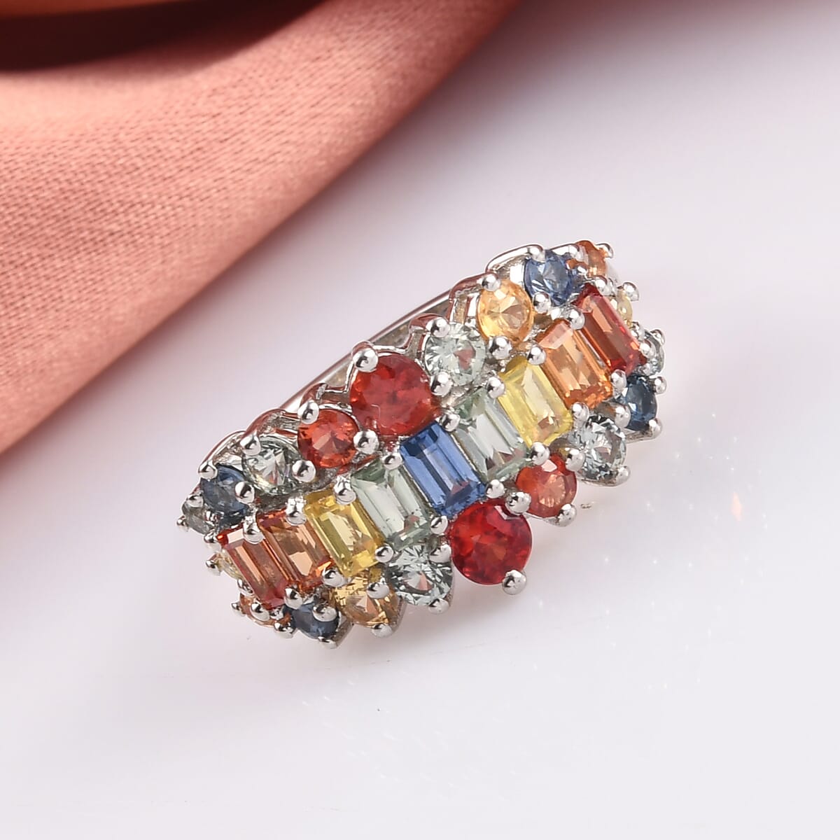 Multi Sapphire Cluster Ring in Platinum Over Sterling Silver (Size 6.0) 2.60 ctw image number 1