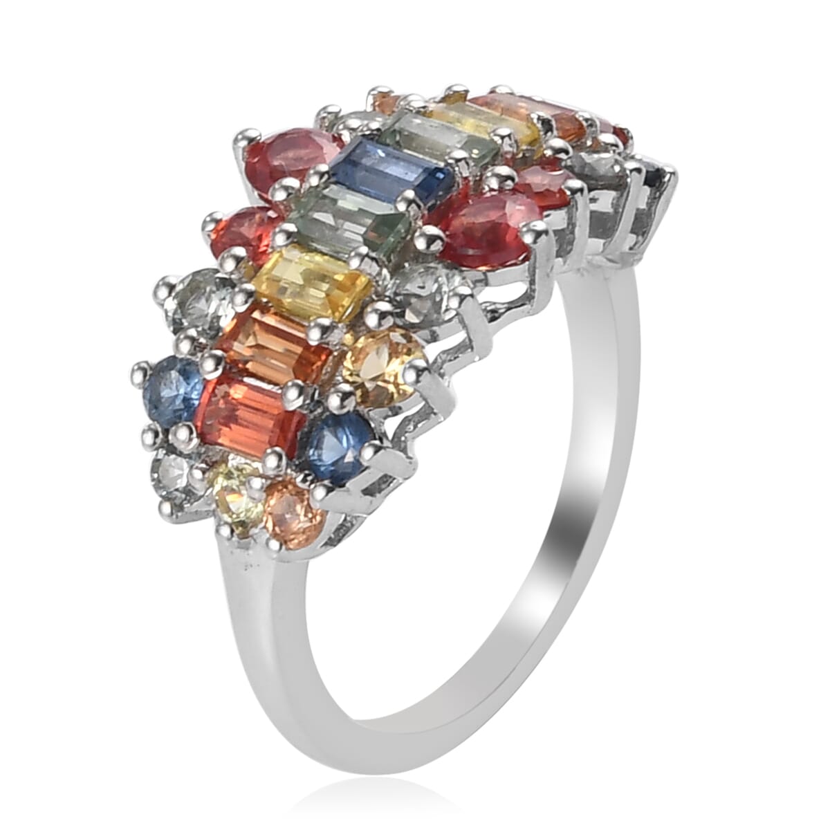 Multi Sapphire Cluster Ring in Platinum Over Sterling Silver (Size 6.0) 2.60 ctw image number 3