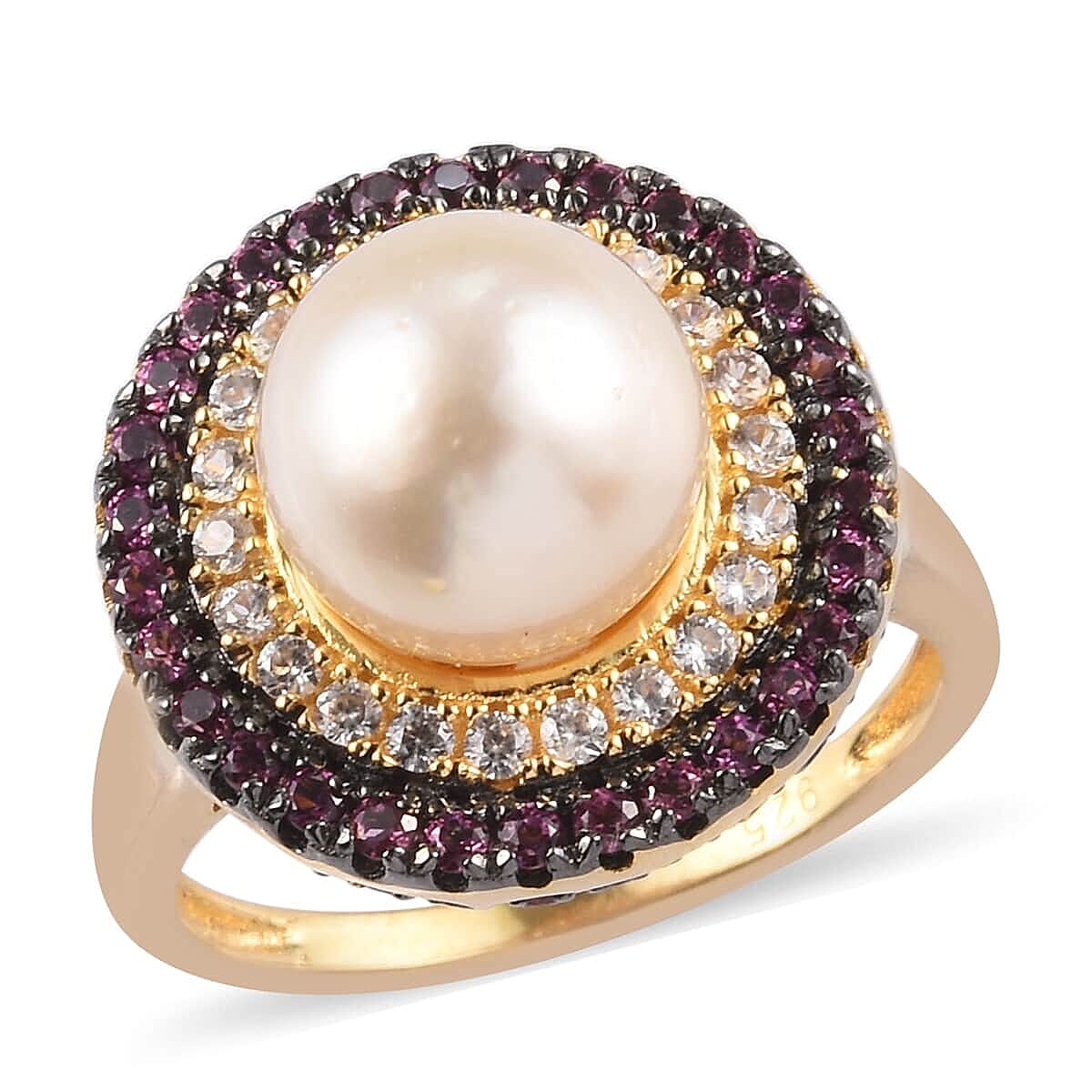 South Sea Pearl and Multi Gemstone Ring in 14K Yellow Gold Over Sterling Silver (Size 8.0) 1.90 ctw