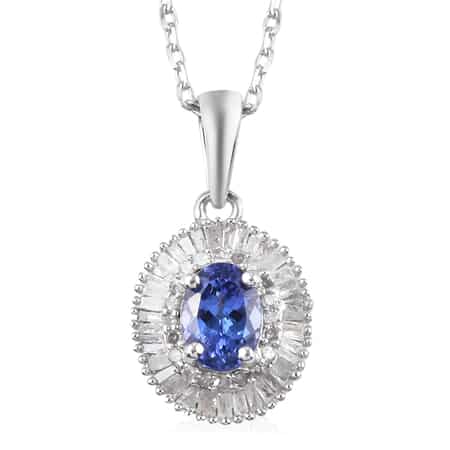 AAA Tanzanite and Diamond Double Halo Pendant Necklace 20 Inches in Platinum Over Sterling Silver 1.50 ctw image number 0