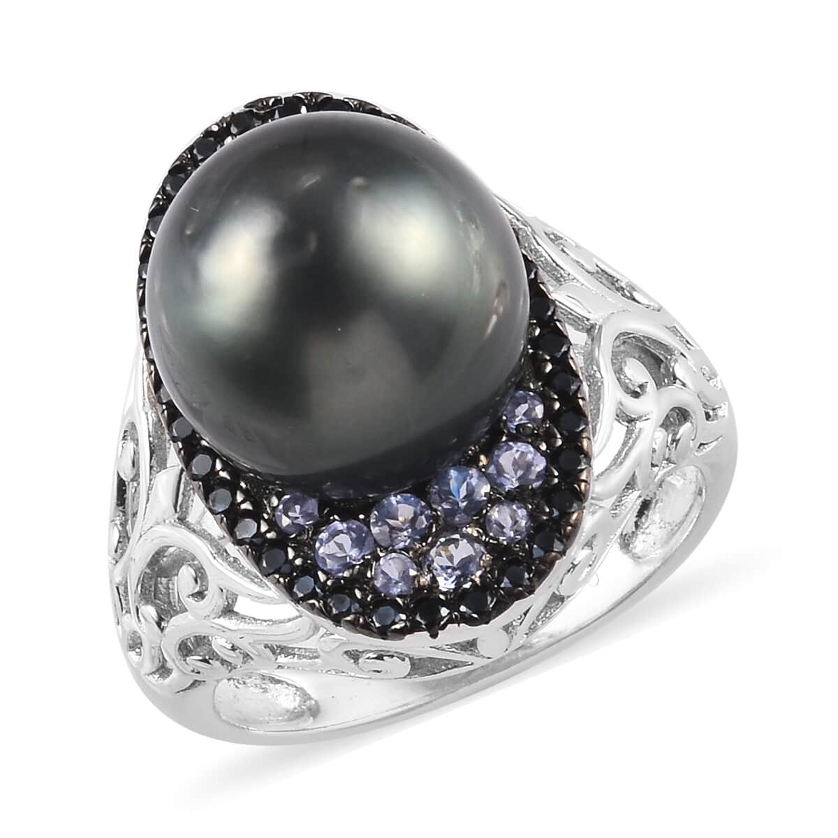 Tahitian Pearl and Multi Gemstone Ring in Platinum Over Sterling Silver (Size 8.0) 0.80 ctw image number 0