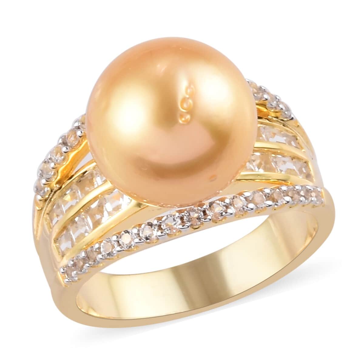 South Sea Pearl and White Zircon Ring in 14K Yellow Gold Over Sterling Silver (Size 9.0) 0.90 ctw image number 0