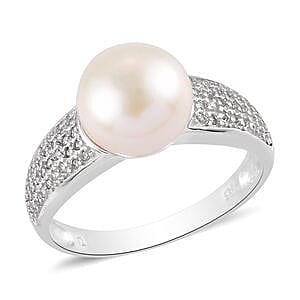 Pink Pearl and White Zircon Ring in Platinum Over Sterling Silver (Size 9.0) 8.40 ctw