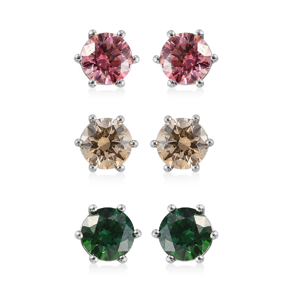 LUSTRO STELLA Made with Finest Multi Color CZ Set of 3 Solitaire Stud Earrings in Platinum Over Sterling Silver 10.80 ctw image number 0