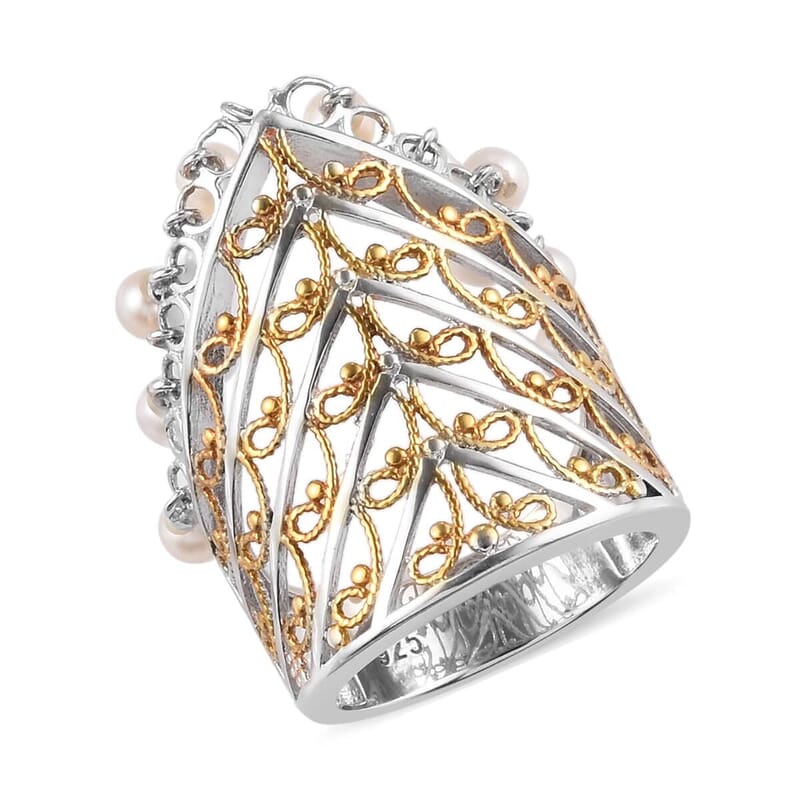 Freshwater Pearl and Zircon Ring in 14K Yellow Gold and Platinum Over Sterling Silver (Size 6.0) 0.20 ctw