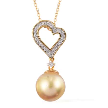 South Sea Golden Cultured Pearl and Zircon Pendant Necklace 20 Inches in 14K YG Over Sterling Silver image number 0