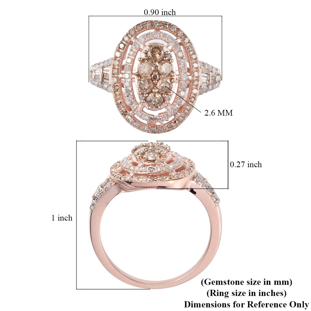 Natural Champagne and White Diamond Oval Shape Ring in Vermeil Rose Gold Over Sterling Silver (Size 10.0) 1.00 ctw image number 5
