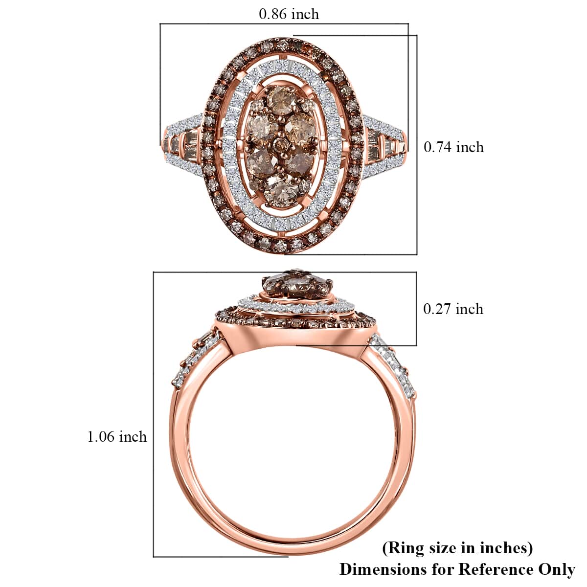 Natural Champagne and White Diamond Oval Shape Ring in Vermeil Rose Gold Over Sterling Silver (Size 7.0) 1.00 ctw image number 5