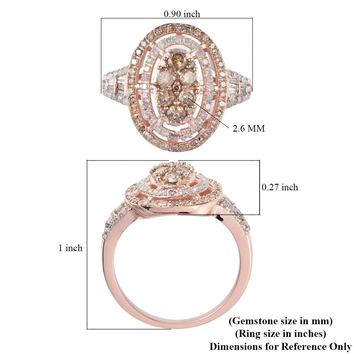 Natural Champagne and White Diamond Oval Shape Ring in Vermeil Rose Gold Over Sterling Silver (Size 9.0) 1.00 ctw image number 5