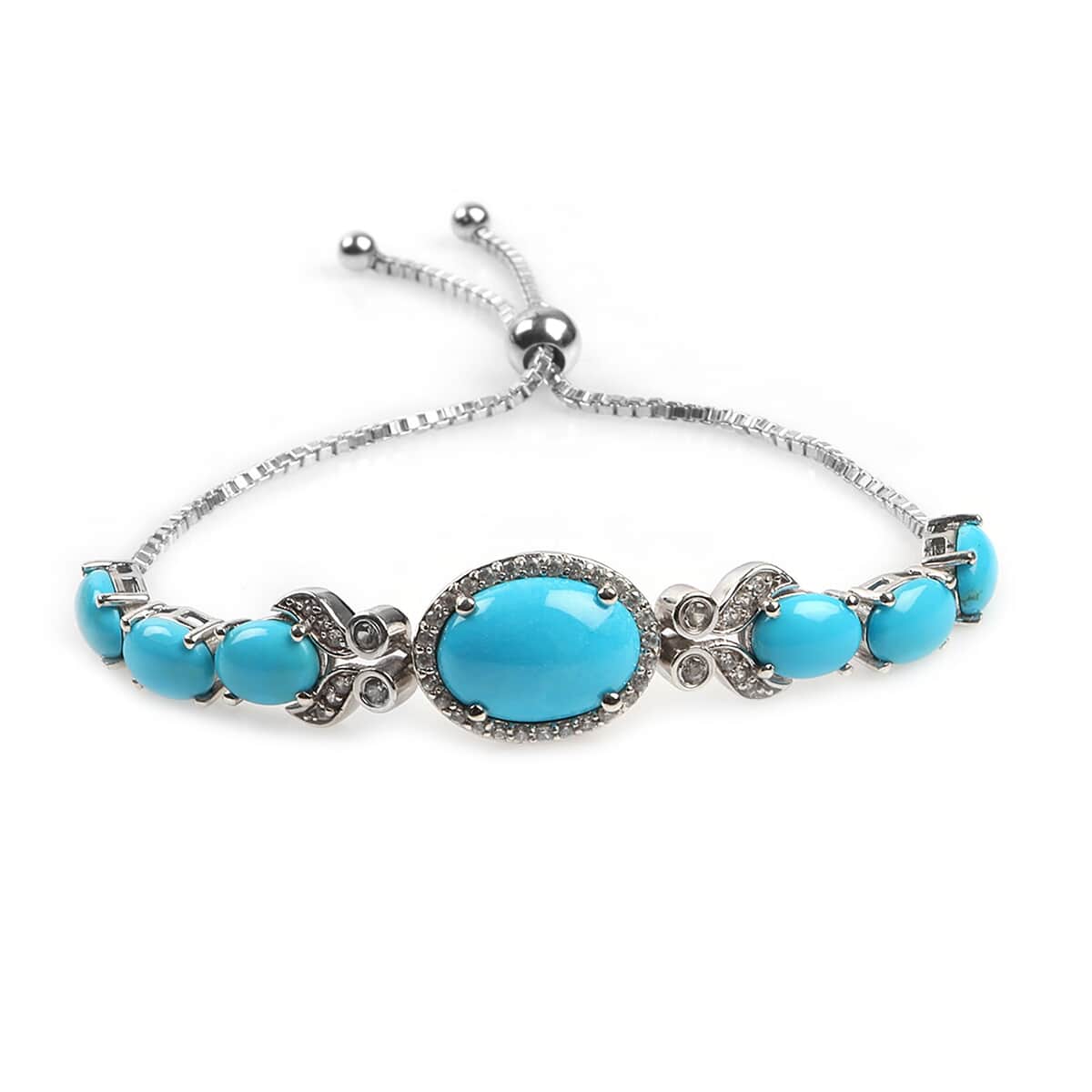 Sleeping Beauty Turquoise and White Zircon Bracelet in Platinum Over Sterling Silver (7.50 In) 16.80 ctw image number 0