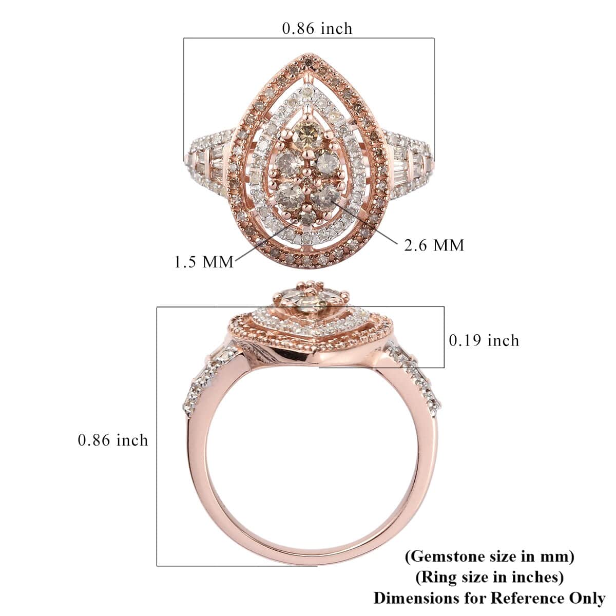 Natural Champagne and White Diamond Pear Shape Ring in Vermeil Rose Gold Over Sterling Silver (Size 6.0) 1.00 ctw image number 5