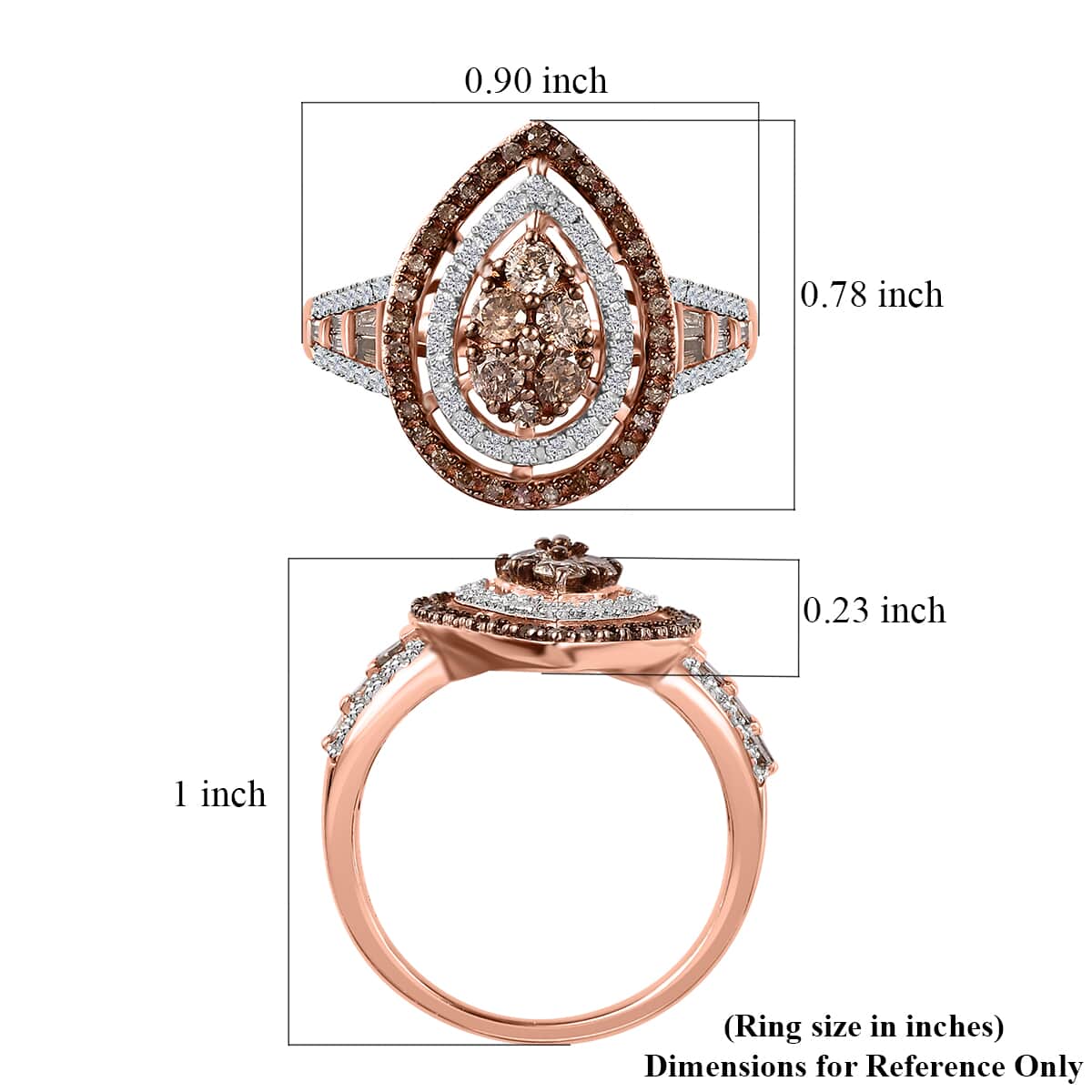 Natural Champagne and White Diamond Pear Shape Ring in Vermeil Rose Gold Over Sterling Silver (Size 7.0) 1.00 ctw image number 5