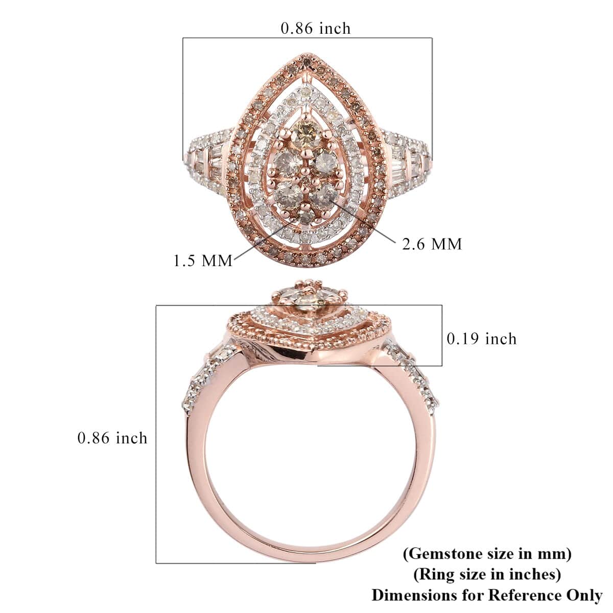 Natural Champagne and White Diamond Pear Shape Ring in Vermeil Rose Gold Over Sterling Silver (Size 9.0) 1.00 ctw image number 5