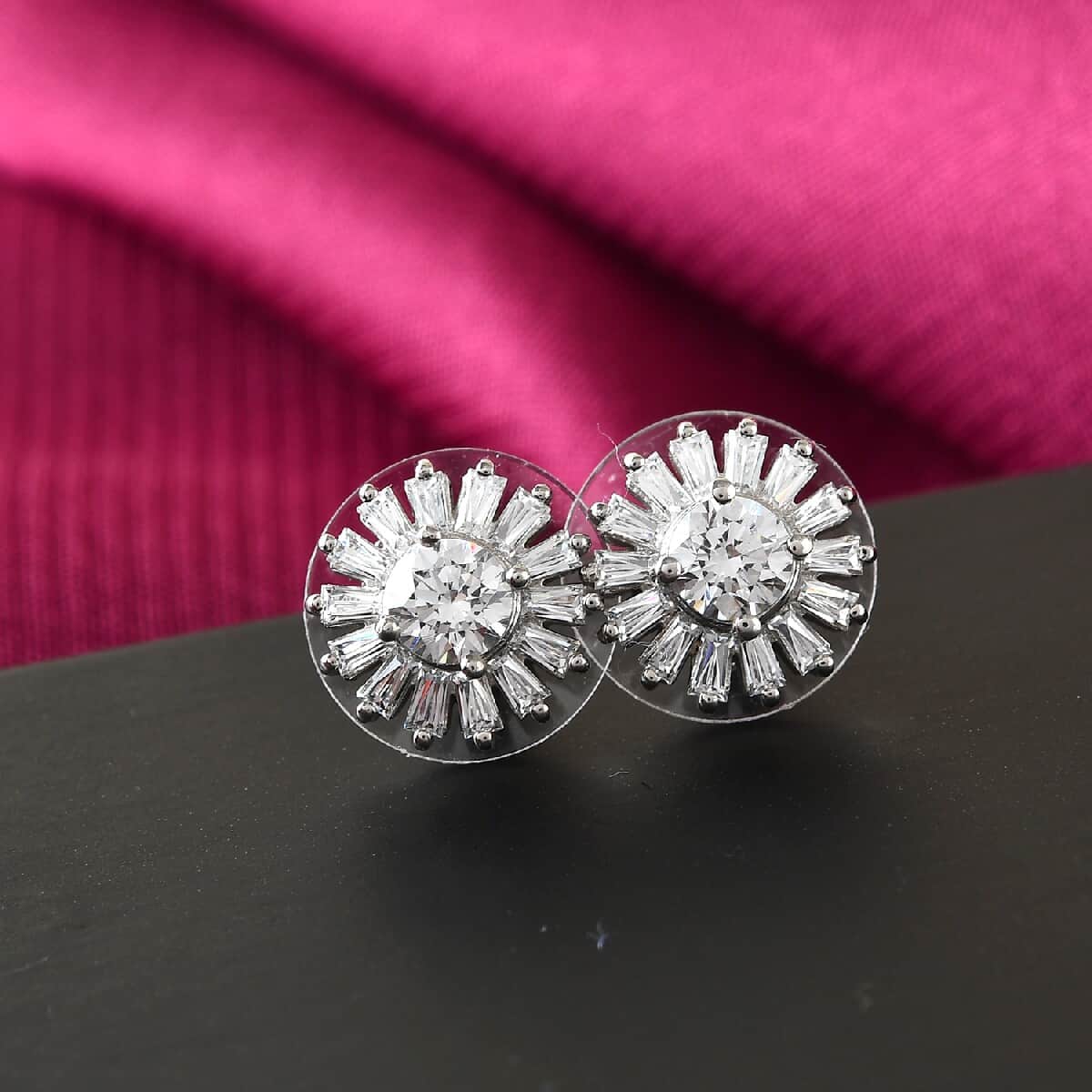 LUSTRO STELLA Made with Finest CZ Floral Stud Earrings in Platinum Over Sterling Silver 4.75 ctw image number 1