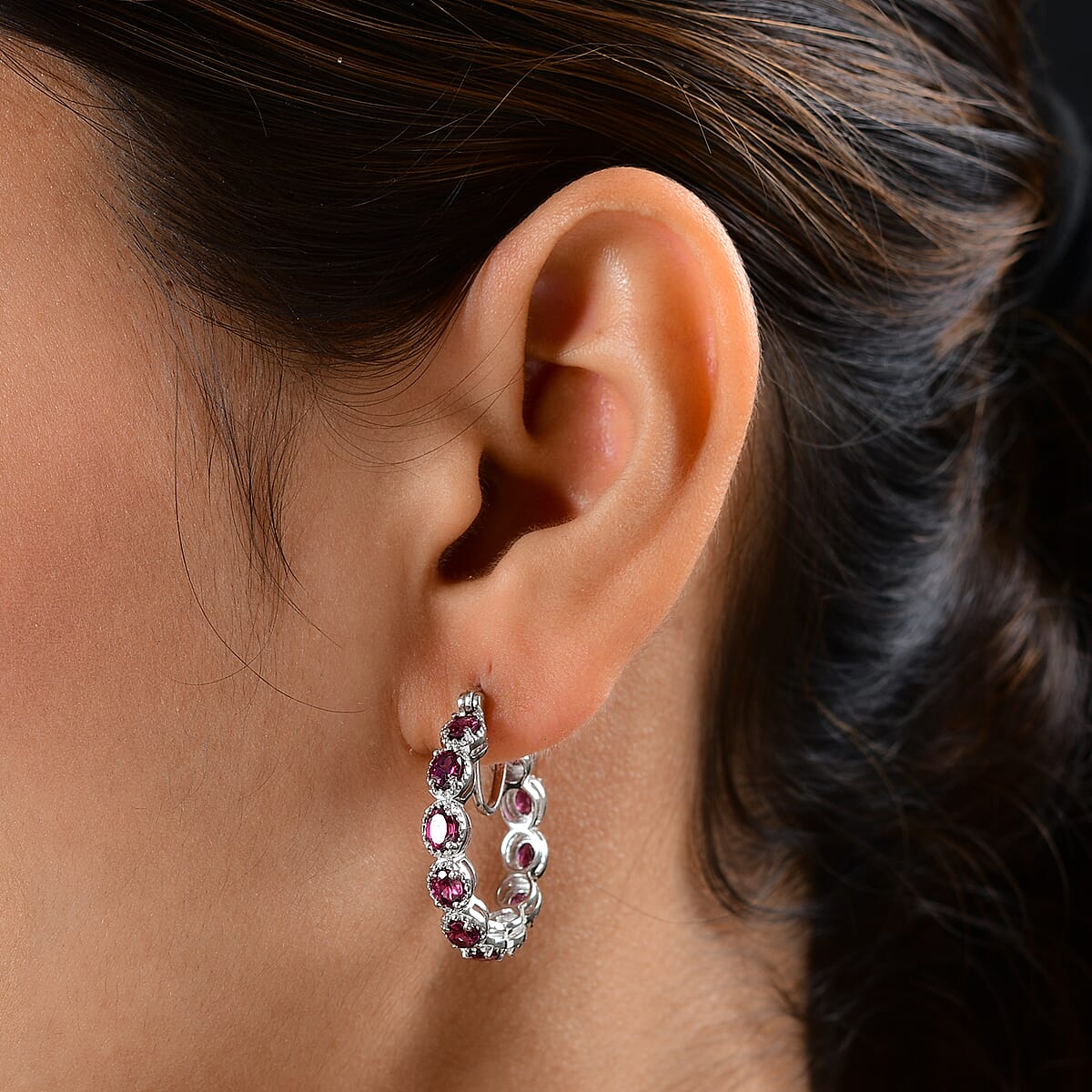 Orissa Rhodolite Garnet Inside Out Hoop Earrings in Platinum Over Sterling Silver 7.20 Grams 4.80 ctw image number 2