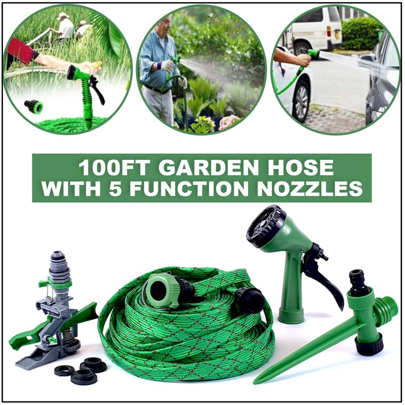Homesmart Green and Black 100FT Garden Hose with 5 Function Nozzle