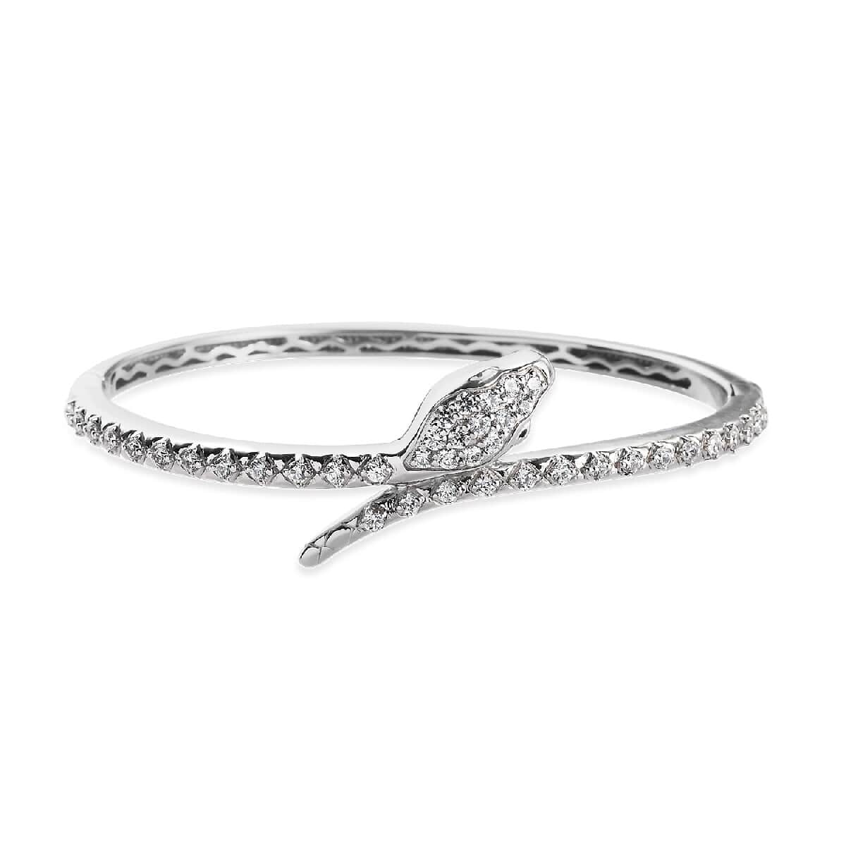 LUSTRO STELLA Made with Finest CZ Snake Bangle Bracelet in Platinum Over Sterling Silver (7.25 In) 20.75 Grams 3.15 ctw image number 0