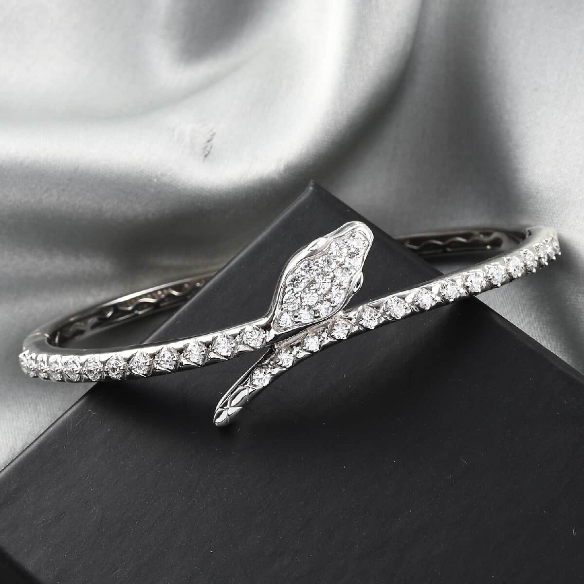 LUSTRO STELLA Made with Finest CZ Snake Bangle Bracelet in Platinum Over Sterling Silver (7.25 In) 20.75 Grams 3.15 ctw image number 1