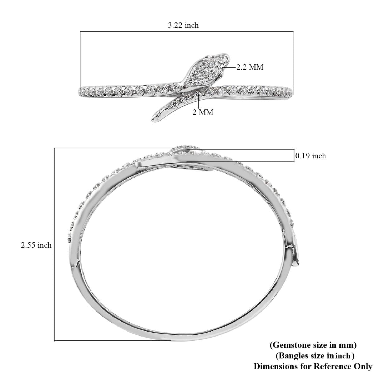 LUSTRO STELLA Made with Finest CZ Snake Bangle Bracelet in Platinum Over Sterling Silver (7.25 In) 20.75 Grams 3.15 ctw image number 5
