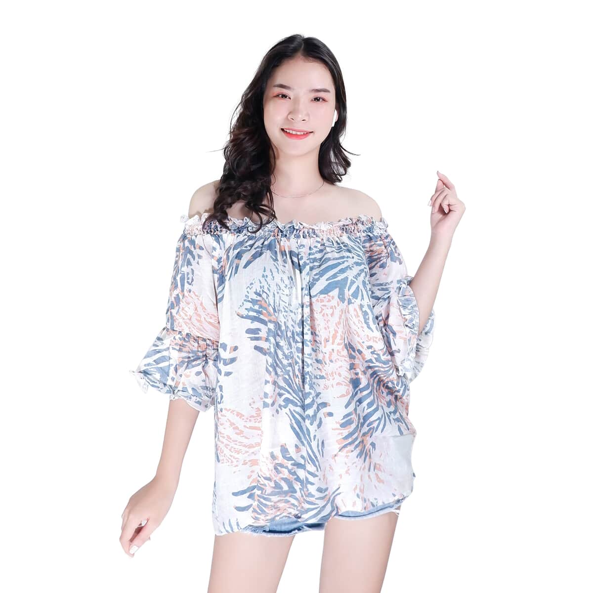 Jovie Palm Leaves Pattern Women's Smocking Top- L image number 0